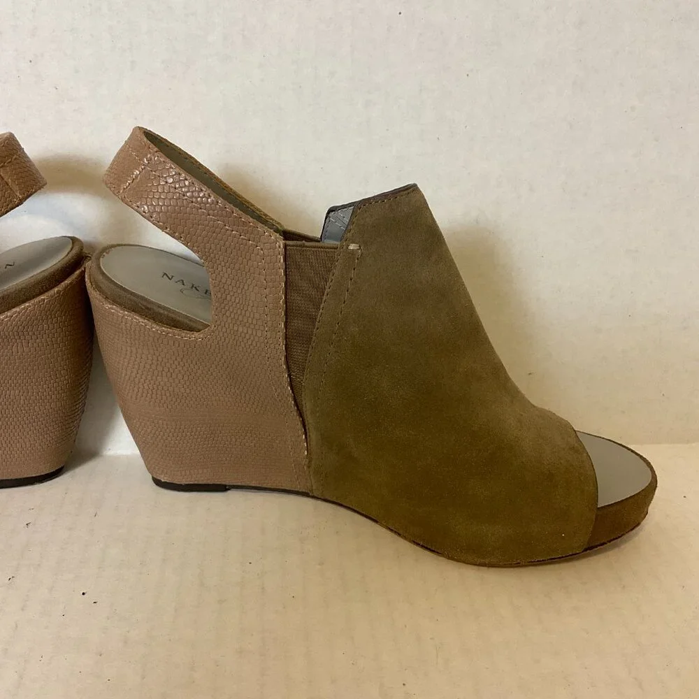 Naked Feet Platform Shoes 9M Beige Taupe Slingback Peep Toe Leather Suede